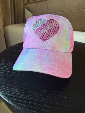 Girls Pink Tie-Dye Heart Baseball Cap with Rhinestone Accent